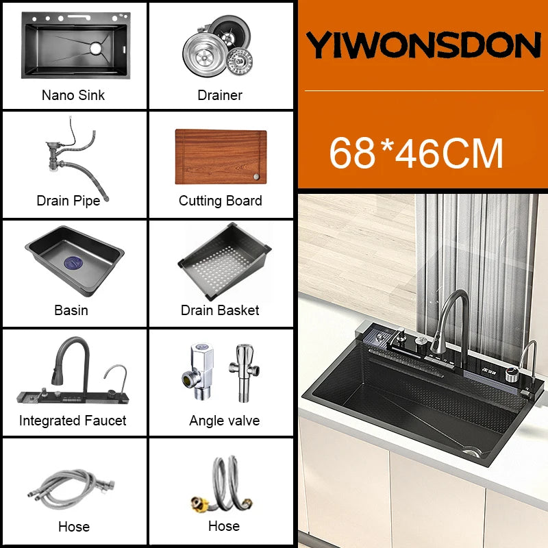 Nano Multifunctional Kitchen Sink Large Single Slot Integrated Digital Display Waterfall Faucet Soap Dispenser Cup Washer Pure