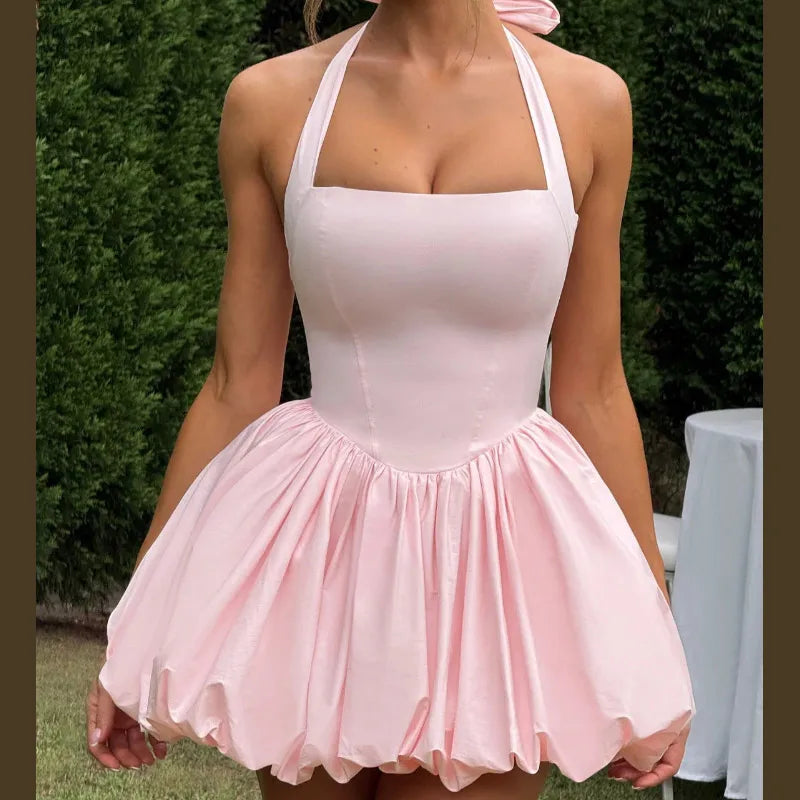 Elegant Pink Backless Pleated Lace-up Halter Mini Dress Women Off Shoulder Sleeve Puff Hem A-line Dresses Summer Lady Partywear