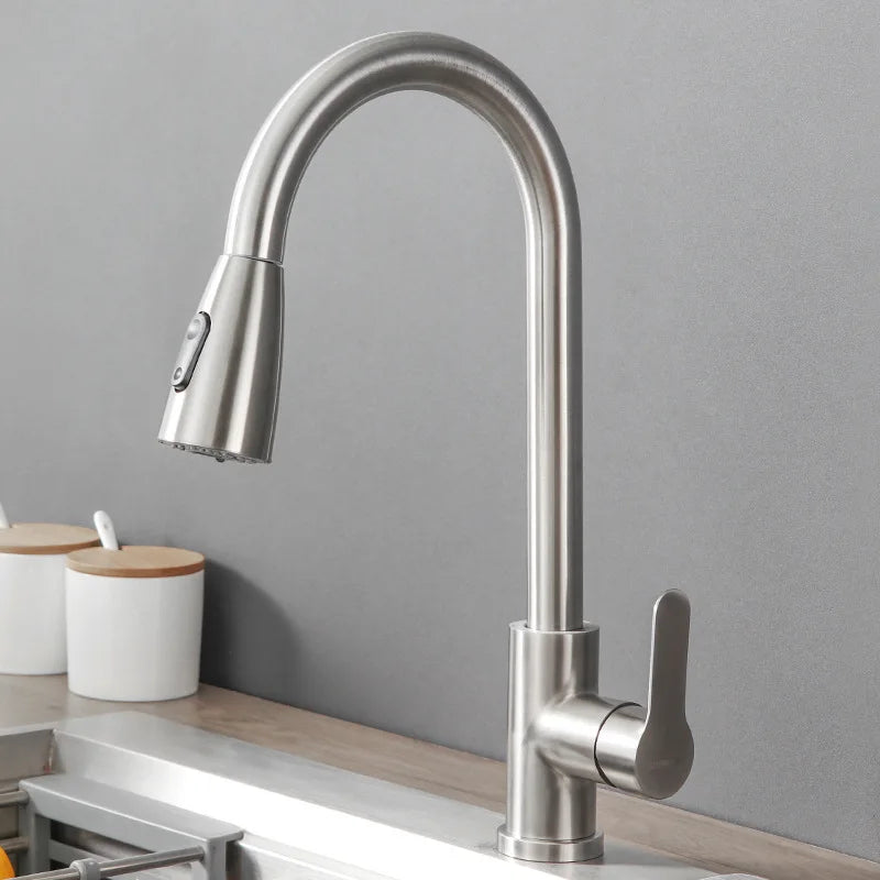 Kitchen Faucet Stainless Steel Brushed Faucet Kitchen Sink Faucet Pull-out Kitchen Water Faucet Single Hole Faucet