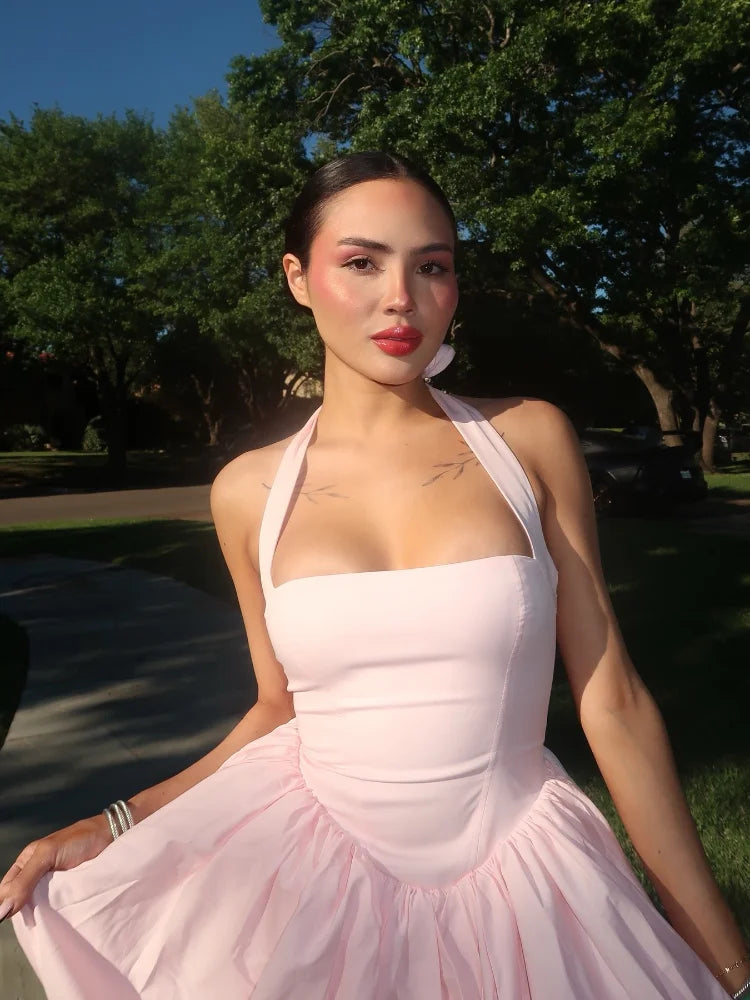 Elegant Pink Halter Pleated Mini Dress Women Lace-up Backless Off Shoulder Puff Hem A-line Short Gowns Summer Lady Party Robe