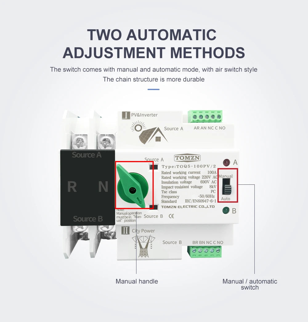 Single Phase Din Rail ATS for PV and inverter Dual Power Automatic Transfer Selector Switches Uninterrupted 2P 63A 100A 125A