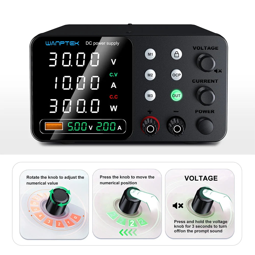 Wanptek Lab DC Power Supply Encoder adjustment Memory Adjustable 30V 10A Bench Power Source 160V 120V 60V 5A 3A Metal anodizing
