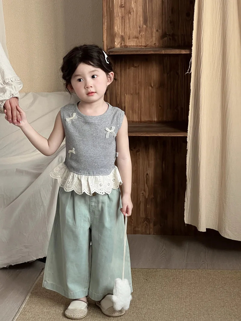 Children Clothes Girl 1-8 Y Baby Girls Clothes Cotton Sleeveless Top with Bowknot and Lace Trim Soft and Cute for Daily Wear
