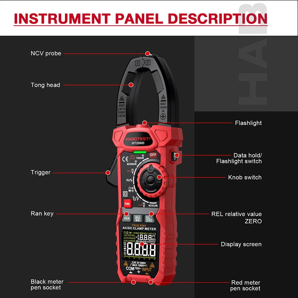 HT208A/D AC/DC Digital Clamp Meter Meter Multimeter Pinza Amperimetrica True RMS High Precision Capacitance NCV Ohm Hz Tester