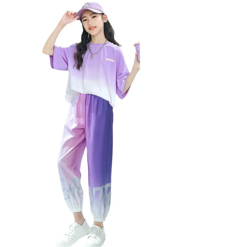 Children Clothes Girl Kids Top and Bottom Clothes Set Purple Gradient Color 2-piece Casual Sports Street Style Suit