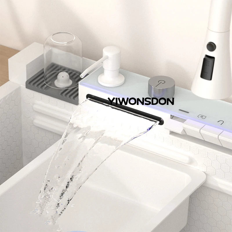Nano Multifunctional Kitchen Sink Large Single Slot Integrated Digital Display Waterfall Faucet Soap Dispenser Cup Washer Pure