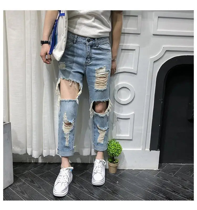 Men Jeans Knee Hole Ripped Stretch Skinny Denim Pants Solid Color  Autumn Summer Hip-Hop Style Slim Fit Trousers 2023 pantalones