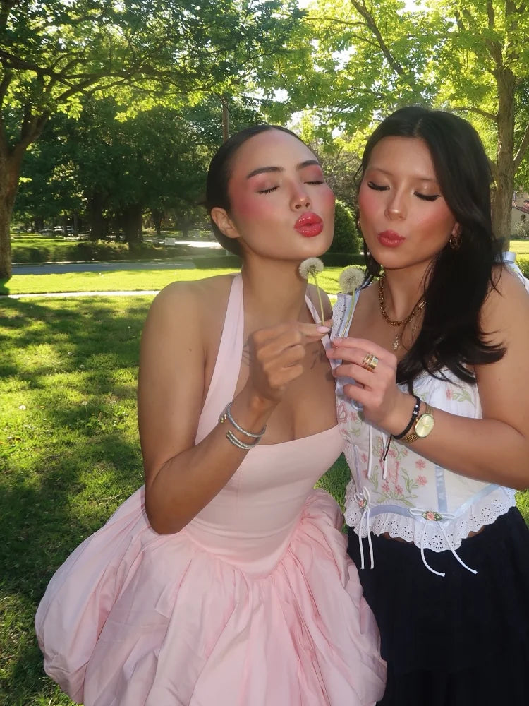 Elegant Pink Halter Pleated Mini Dress Women Lace-up Backless Off Shoulder Puff Hem A-line Short Gowns Summer Lady Party Robe