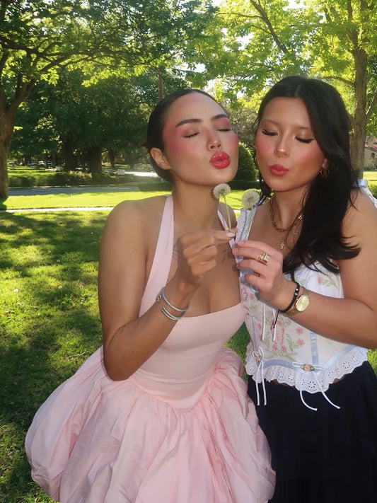 Elegant Pink Halter Pleated Mini Dress Women Lace-up Backless Off Shoulder Puff Hem A-line Short Gowns Summer Lady Party Robe