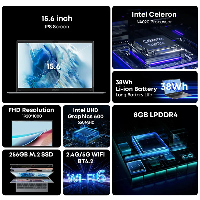 CHUWI HeroBook Plus 15.6'' Laptop 256GB SSD 8GB RAM, Windows 11 Laptop, 1TB SSD Expand, Intel Celeron N4020, 2K FHD IPS Display