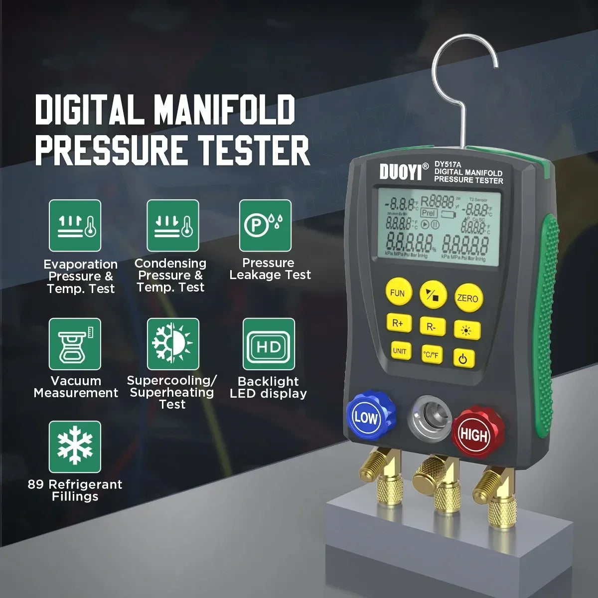 Digital refrigeration pressure gauge, air conditioning temperature detector, multi-function vacuum pressure test tool kit