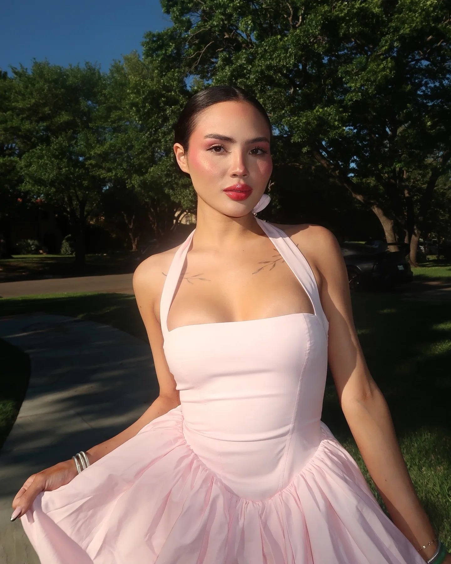 Elegant Pink Halter Pleated Mini Dress Women Lace-up Backless Off Shoulder Puff Hem A-line Short Gowns Summer Lady Party Robe