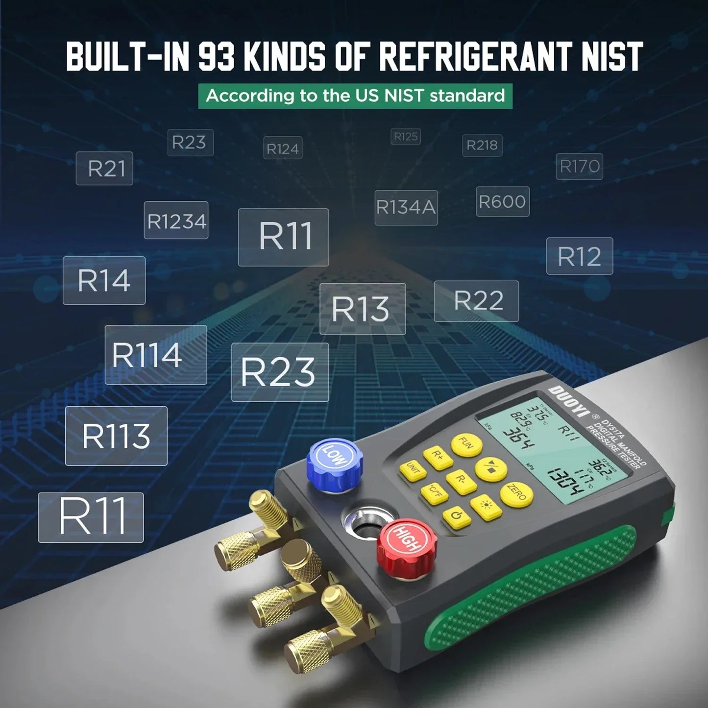 Digital refrigeration pressure gauge, air conditioning temperature detector, multi-function vacuum pressure test tool kit