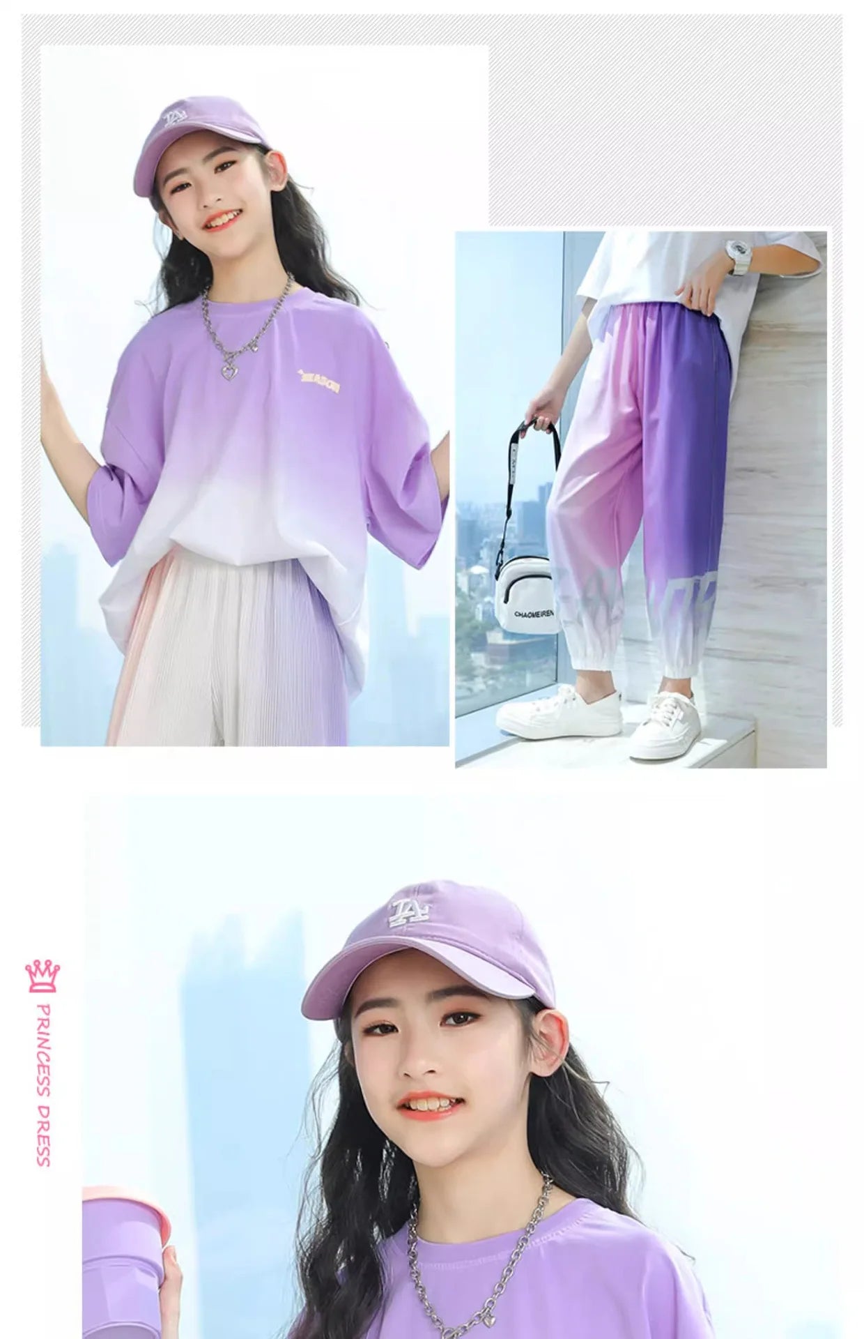 Children Clothes Girl Kids Top and Bottom Clothes Set Purple Gradient Color 2-piece Casual Sports Street Style Suit