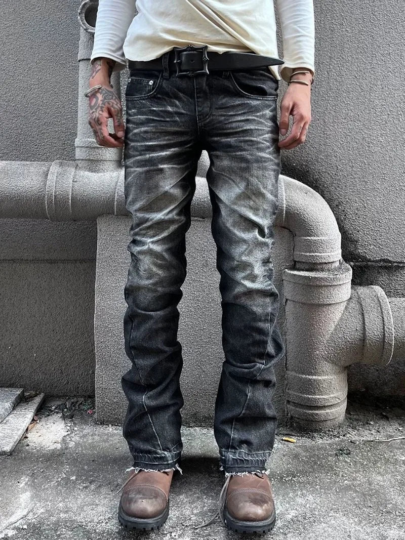 American High Street Men Jeans Y2K Retro Streetwear Embossed Crack Washing Old Loose Casual High Waist Straight Jeans