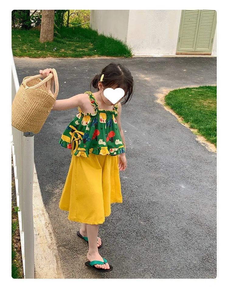 Children's Clothing Sets Cartoon Print Halter Top + Wide-leg Pants 2pcs Toddler Clothes for 2 To 7years Kids Boutique Clothes