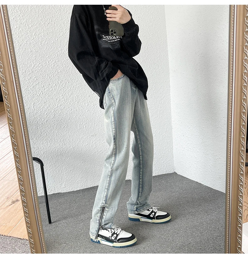 2024 Spring New Style Korean Style Men Fashionable Retro Street Jeans Zip Design on Trouser Legs Straight-leg Denim Pants Black