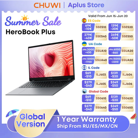 CHUWI HeroBook Plus 15.6'' Laptop 256GB SSD 8GB RAM, Windows 11 Laptop, 1TB SSD Expand, Intel Celeron N4020, 2K FHD IPS Display