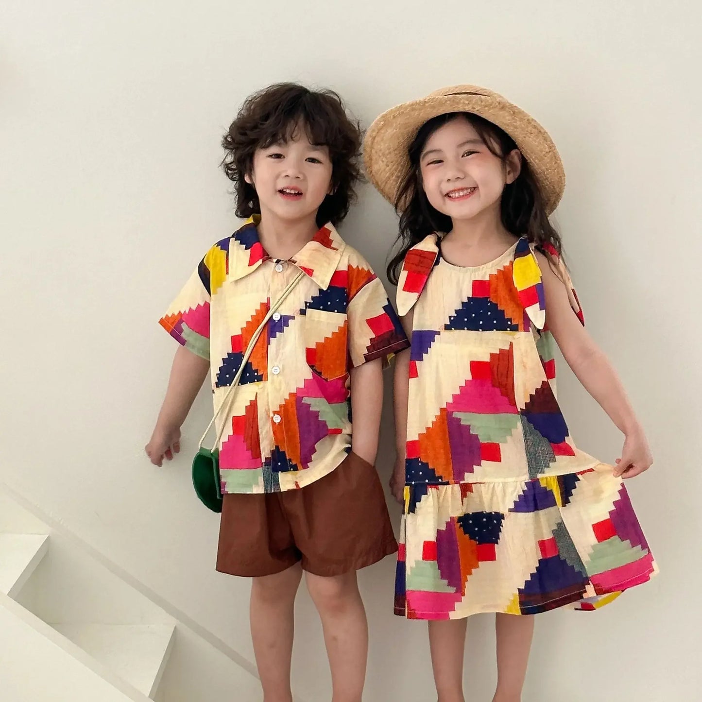 Children's Clothes 2025 Summer New Boy's Shirt Suit Or Baby Girl Dress Holiday Clothes Brother And Sister Clothes