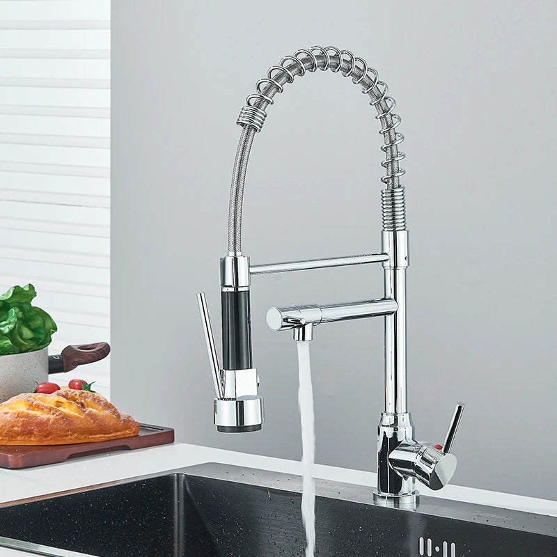 Chrome Spring Pull Down Kitchen Faucet Hot and Cold Water Deck Mounted Tap 360 Rotate Single Hole Single Handle