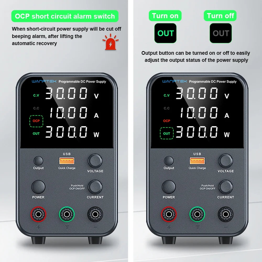 Adjustable DC power supply with 4-digit LED display, 5V/3.6A USB fast charging with encoder adjustment, output enable/disable