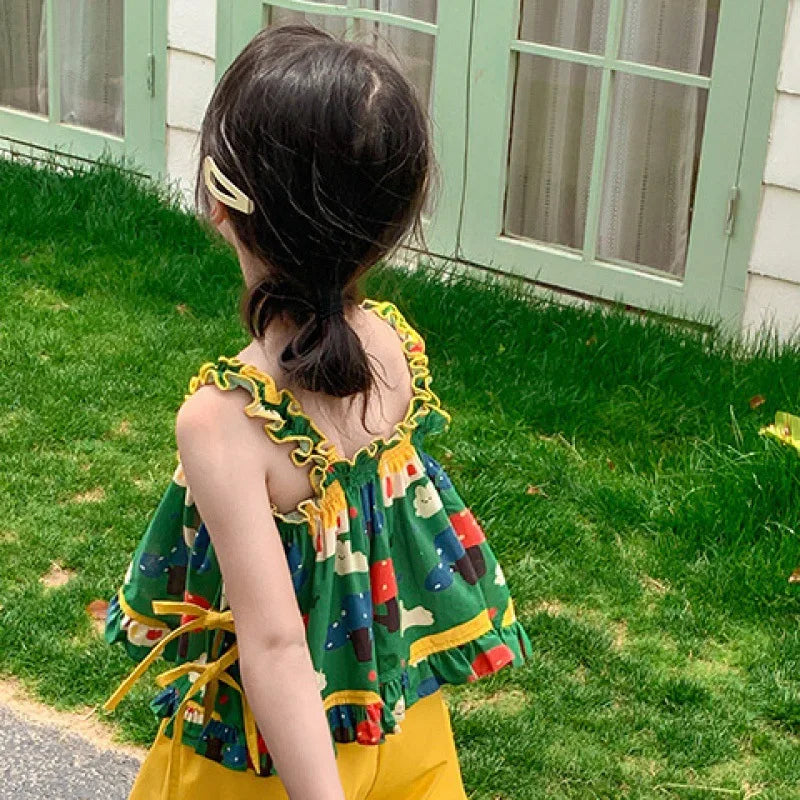 Children's Clothing Sets Cartoon Print Halter Top + Wide-leg Pants 2pcs Toddler Clothes for 2 To 7years Kids Boutique Clothes