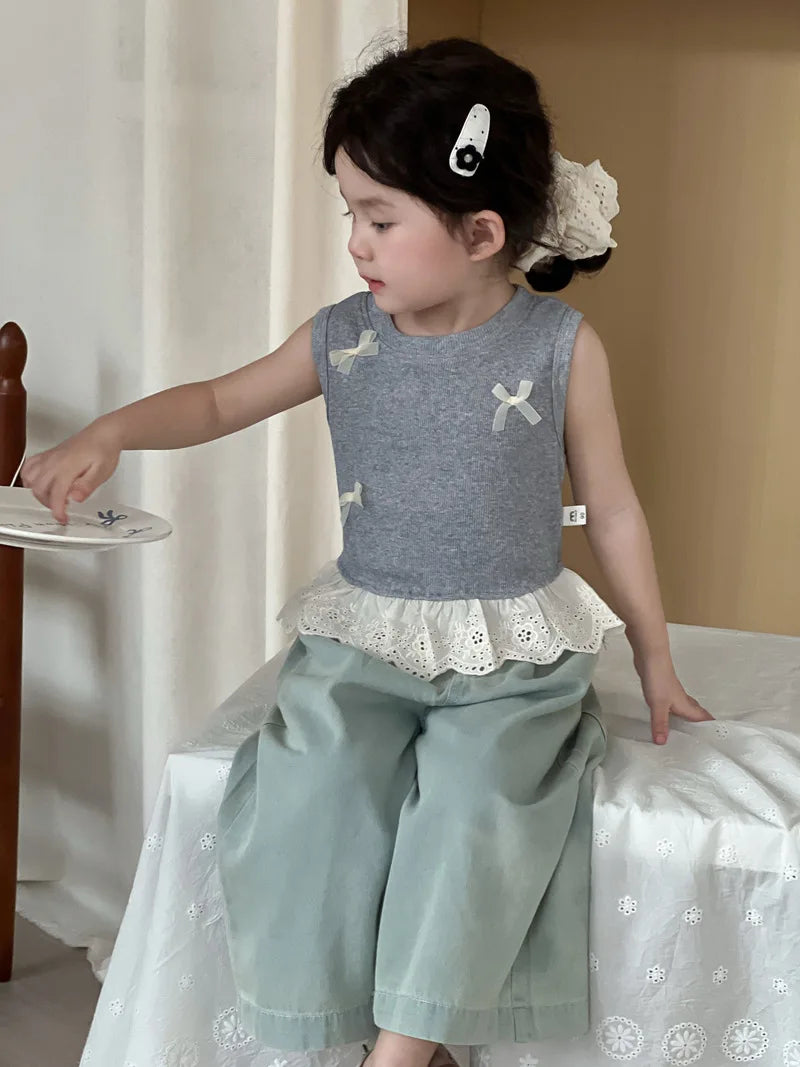 Children Clothes Girl 1-8 Y Baby Girls Clothes Cotton Sleeveless Top with Bowknot and Lace Trim Soft and Cute for Daily Wear