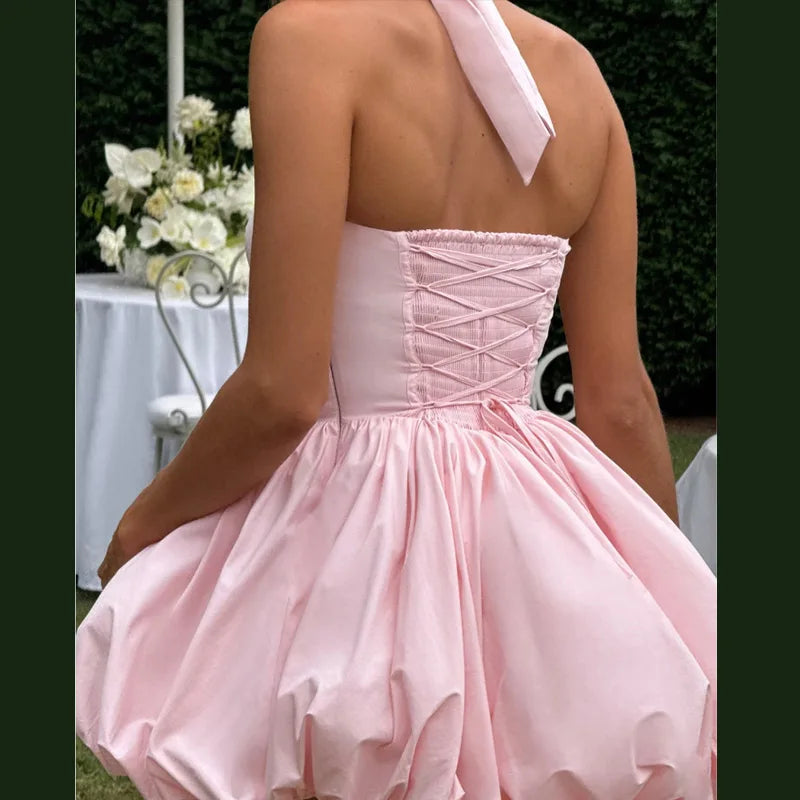 Elegant Pink Backless Pleated Lace-up Halter Mini Dress Women Off Shoulder Sleeve Puff Hem A-line Dresses Summer Lady Partywear