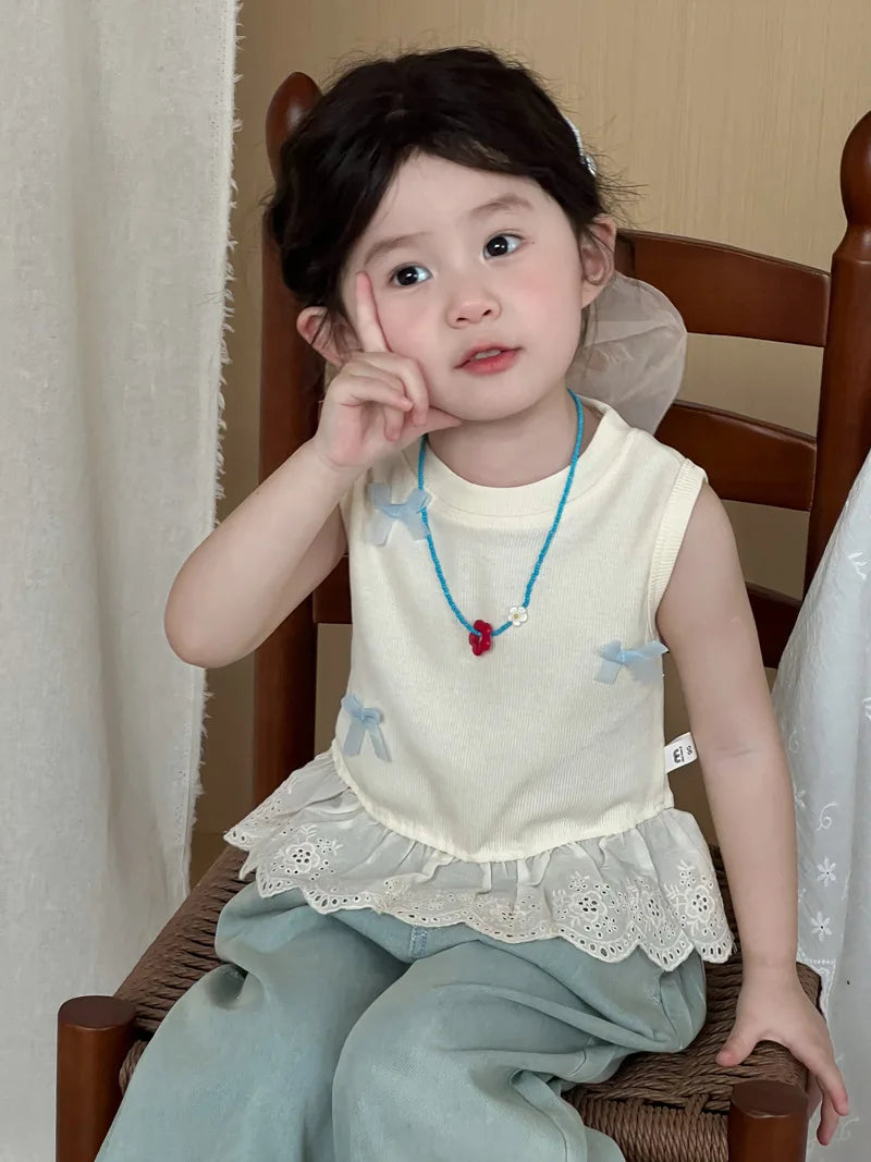 Children Clothes Girl 1-8 Y Baby Girls Clothes Cotton Sleeveless Top with Bowknot and Lace Trim Soft and Cute for Daily Wear