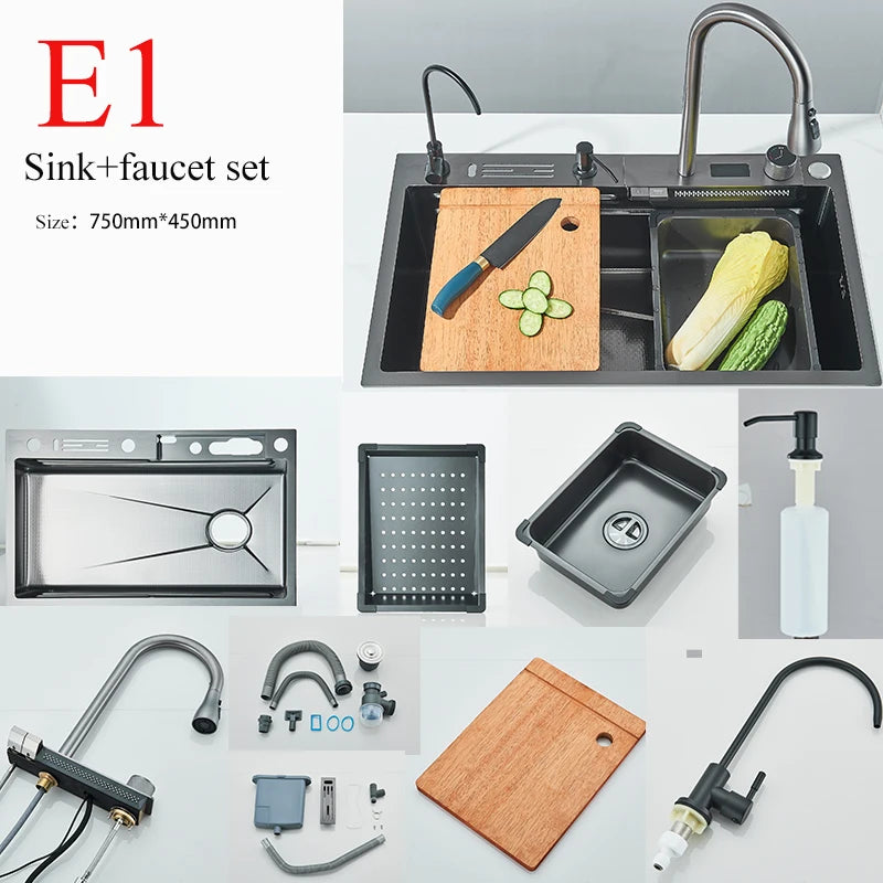 Stainless Steel Kitchen Waterfall Sink Digital Display Large Single Sink Dish Basin Sink With Multifunction Touch Waterfall