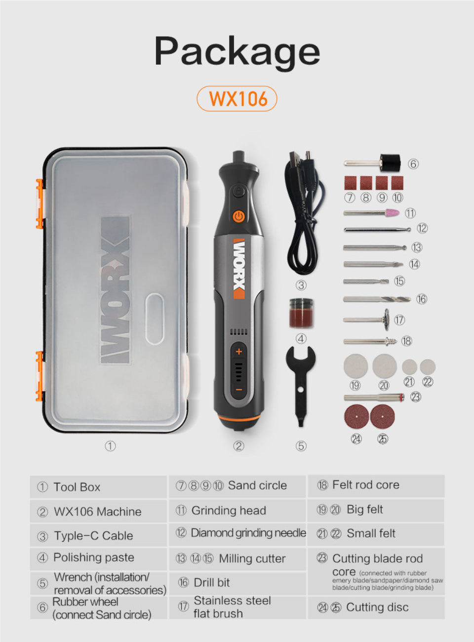 Worx 8V Rotary Tool WX106 Cordless Mini Drill Engraving Grinding Polishing Machine USB Charger Variable Speed Power Tools Set