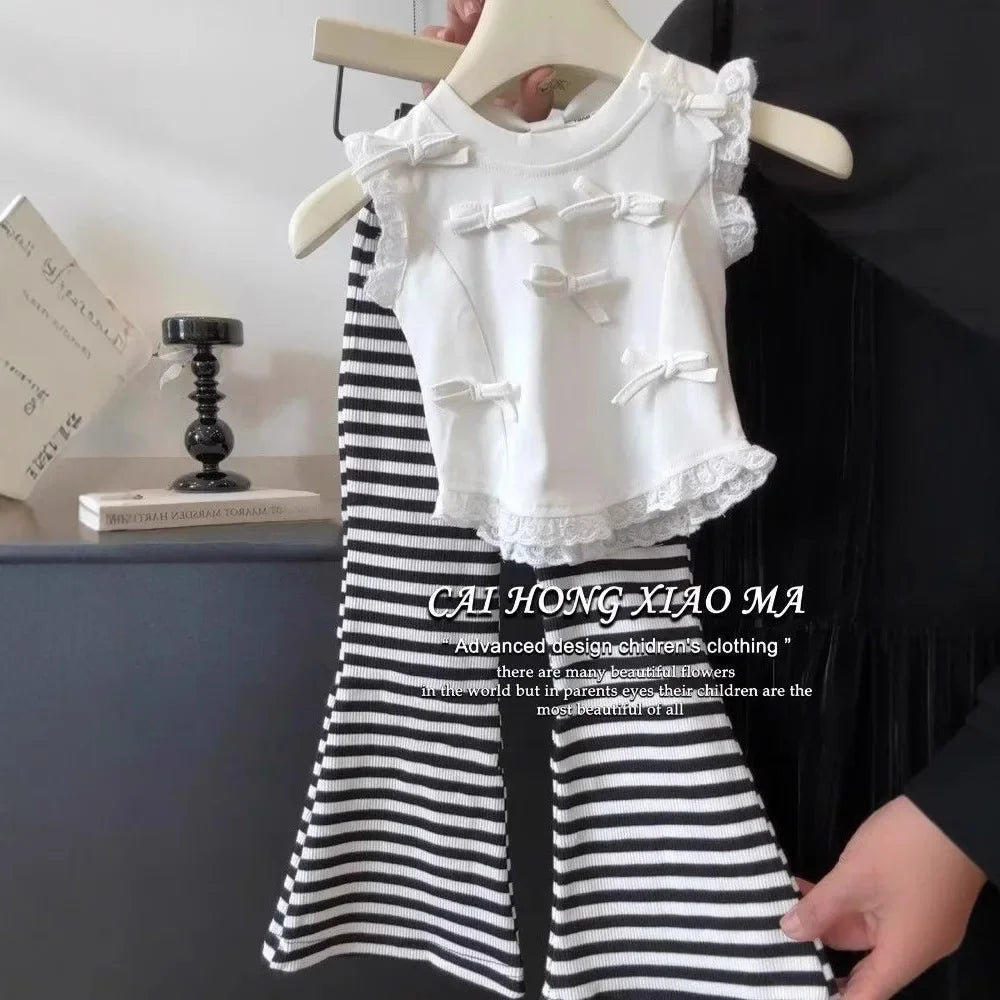 Children's Clothing Sets Bow-Detail Camisole + Striped Flared Trousers 2pcs Sets Toddler Girl Clothes Baby Girl Outfit Set