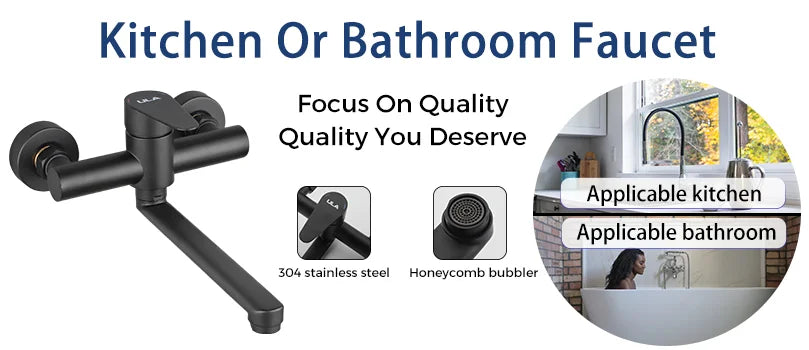 ULA Kitchen Faucets Stainless Steel Wall Mounted Dual Hole Bathroom 360 Rotate Basin Faucet Cold Hot Water Sink Crane Mixer Taps