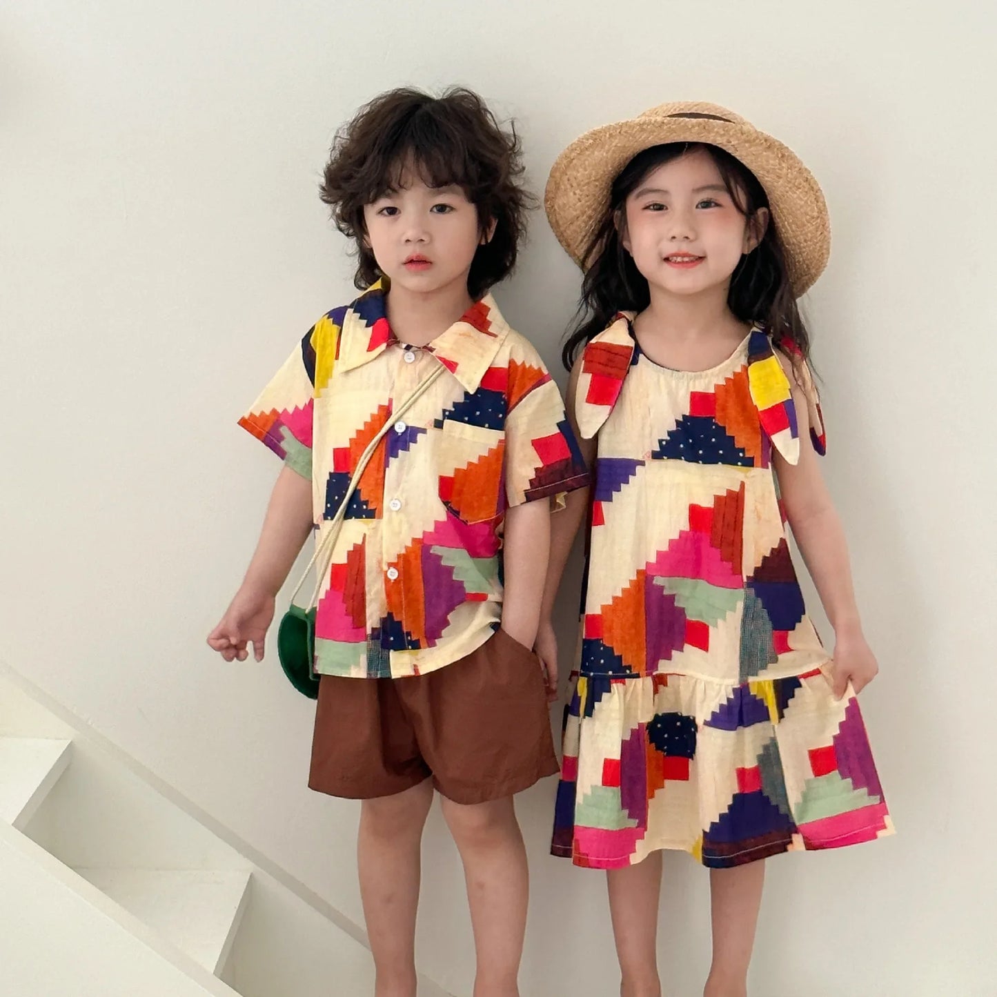 Children's Clothes 2025 Summer New Boy's Shirt Suit Or Baby Girl Dress Holiday Clothes Brother And Sister Clothes