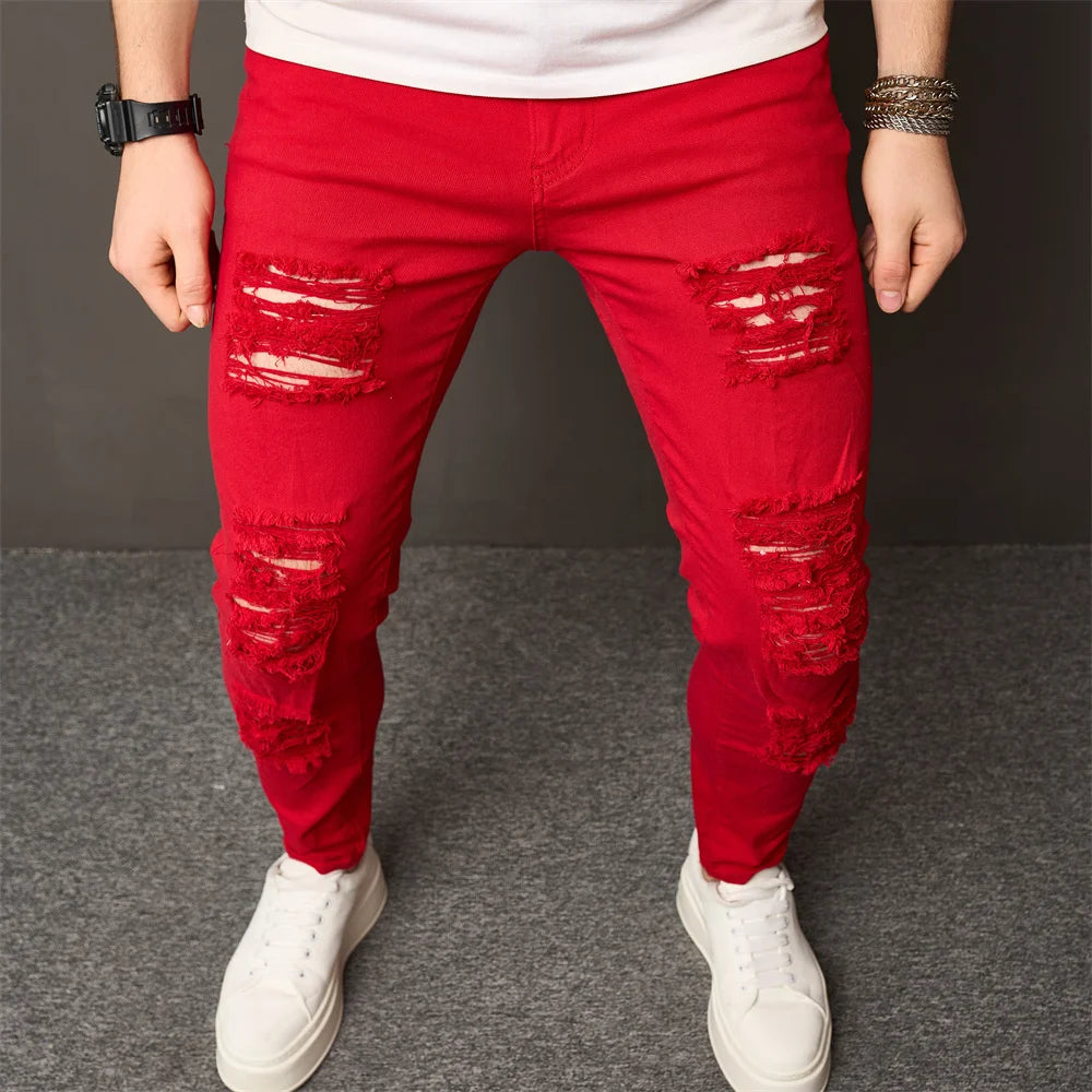 High Street Men HipHop Holes Skinny Stretch Jeans Trousers Stylish Male Distressed Slim Denim Pencil Pants