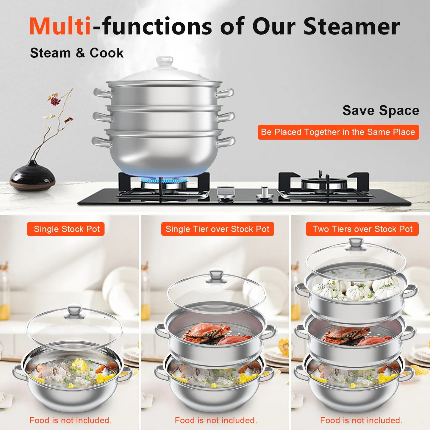 28CM 3-Tier Stainless Steel Thick Steamer Pot Soup Steam Pot Universal Cooking Pots for Induction Cooker Gas Stove