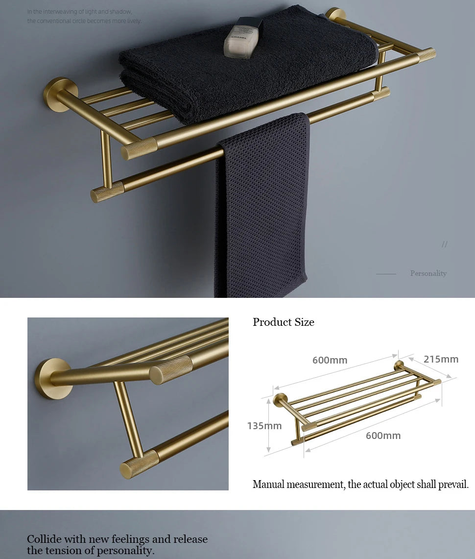 Brushed Gold Bathroom Accessories Towel Bar Bath Robe Hook Brass Knurled Bathroom Hardware Set Shelf for Towels Paper Tissue Hol