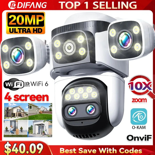 10K 20MP Home Security WiFi Camera Four Len Four Screen 360° PTZ 10X Zoom CCTV Wireless Surveillance IP Cam Security Protection