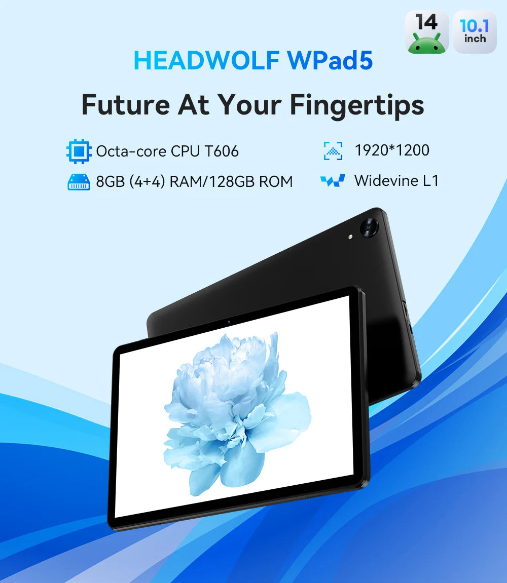 Headwolf WPad 5 Android 14 Tablet 10.1 inch 4+4GB RAM 128GB Rom 5500 mAh WIFI Tablet PC Support WideVine L1