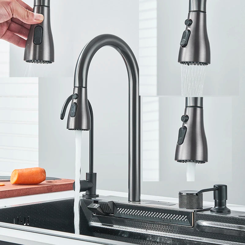 Stainless Steel Kitchen Waterfall Sink Digital Display Large Single Sink Dish Basin Sink With Multifunction Touch Waterfall
