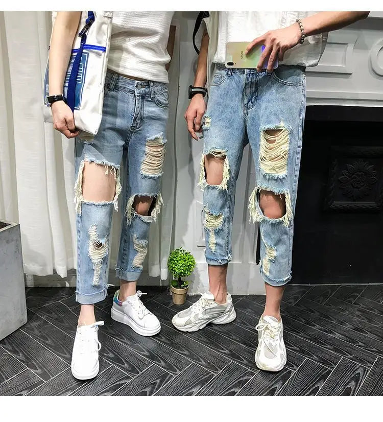 Men Jeans Knee Hole Ripped Stretch Skinny Denim Pants Solid Color  Autumn Summer Hip-Hop Style Slim Fit Trousers 2023 pantalones