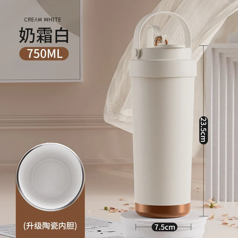 Large capacity ceramic inner pot insulated cup, women's office dual drink coffee cup, portable straw, car water cup
