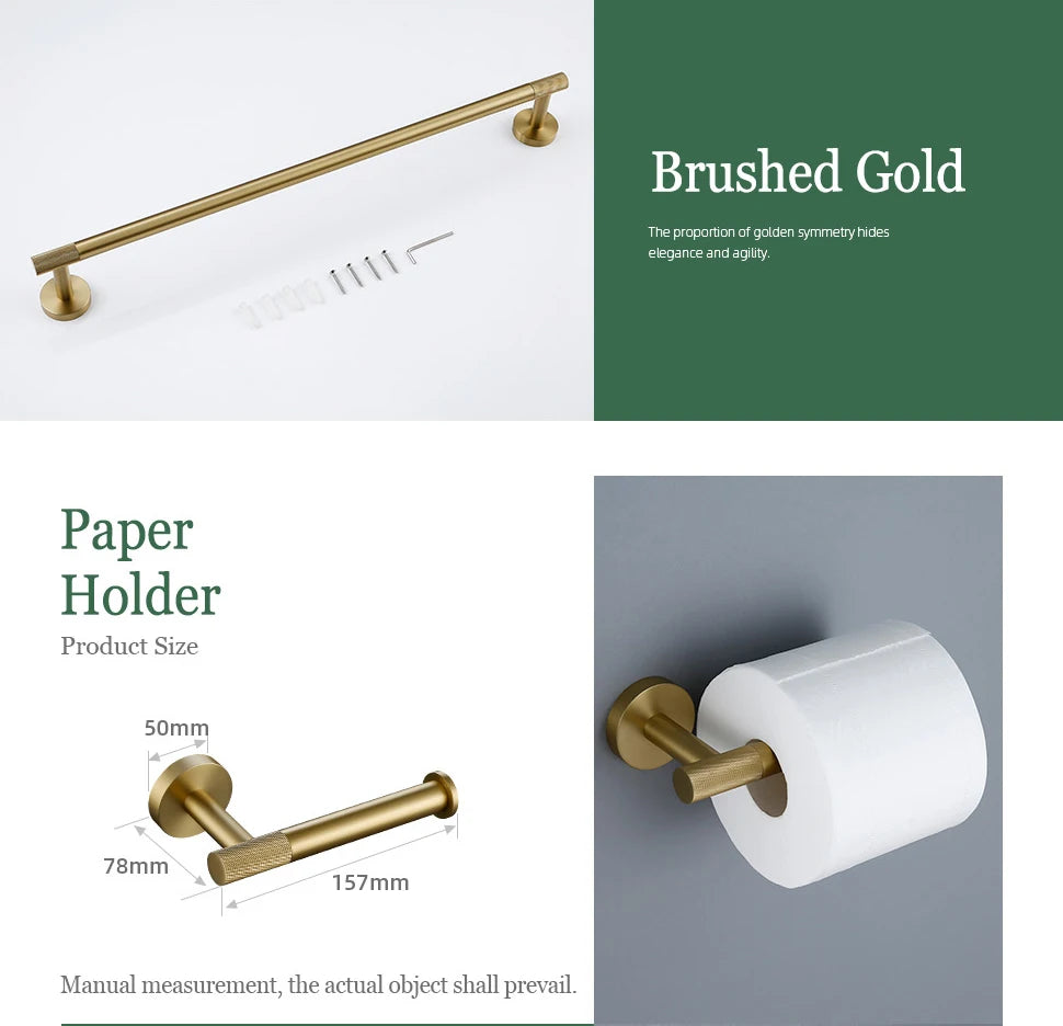 Brushed Gold Bathroom Accessories Towel Bar Bath Robe Hook Brass Knurled Bathroom Hardware Set Shelf for Towels Paper Tissue Hol