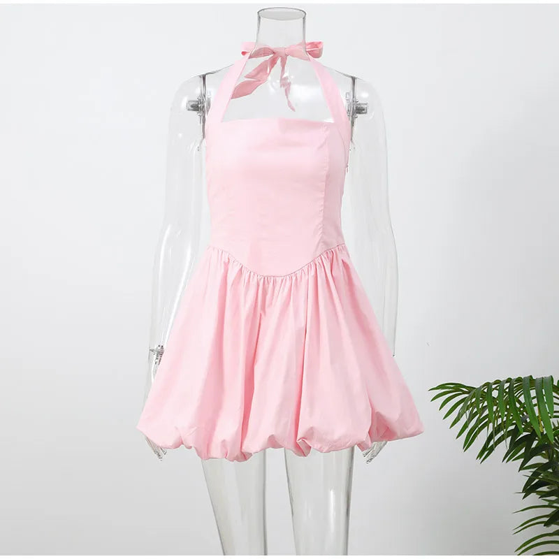 Elegant Pink Halter Pleated Mini Dress Women Lace-up Backless Off Shoulder Puff Hem A-line Short Gowns Summer Lady Party Robe