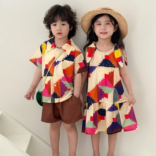 Children's Clothes 2025 Summer New Boy's Shirt Suit Or Baby Girl Dress Holiday Clothes Brother And Sister Clothes
