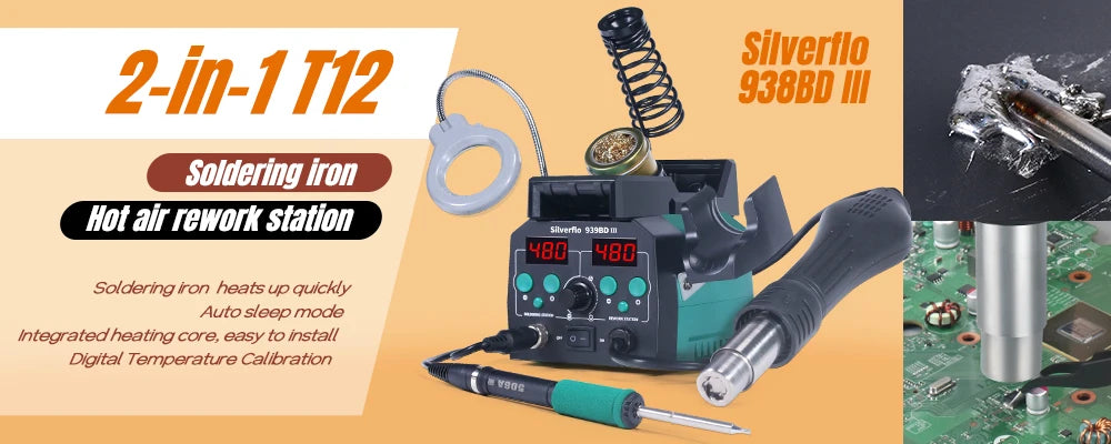 Silverflo 8586D Soldering Station 2 IN 1 Hot Air Gun Solder Station with 2 Digital display,10-Minute Sleep Mode for SMD Rework