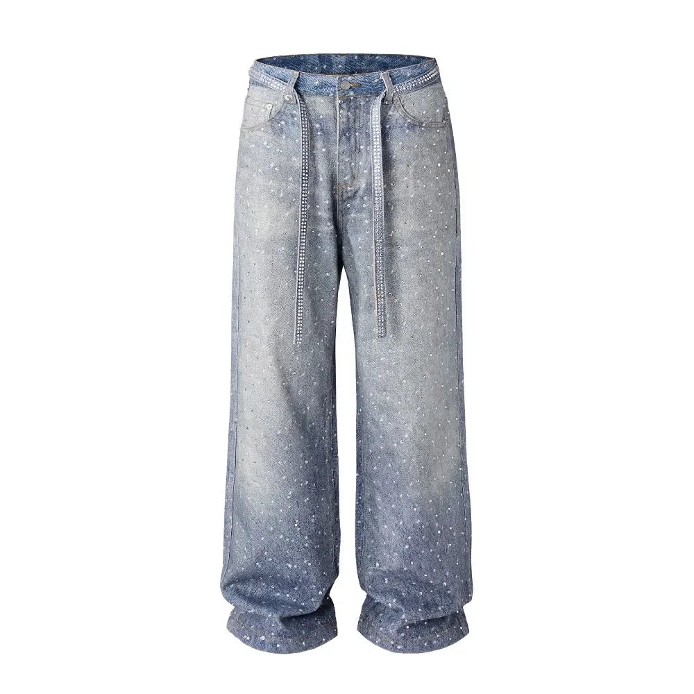 Tung Sung Full Diamond Printing Diamond Belt Wash Casual Loose Straight Jeans Hip Hop Y2k Men’s Jeans