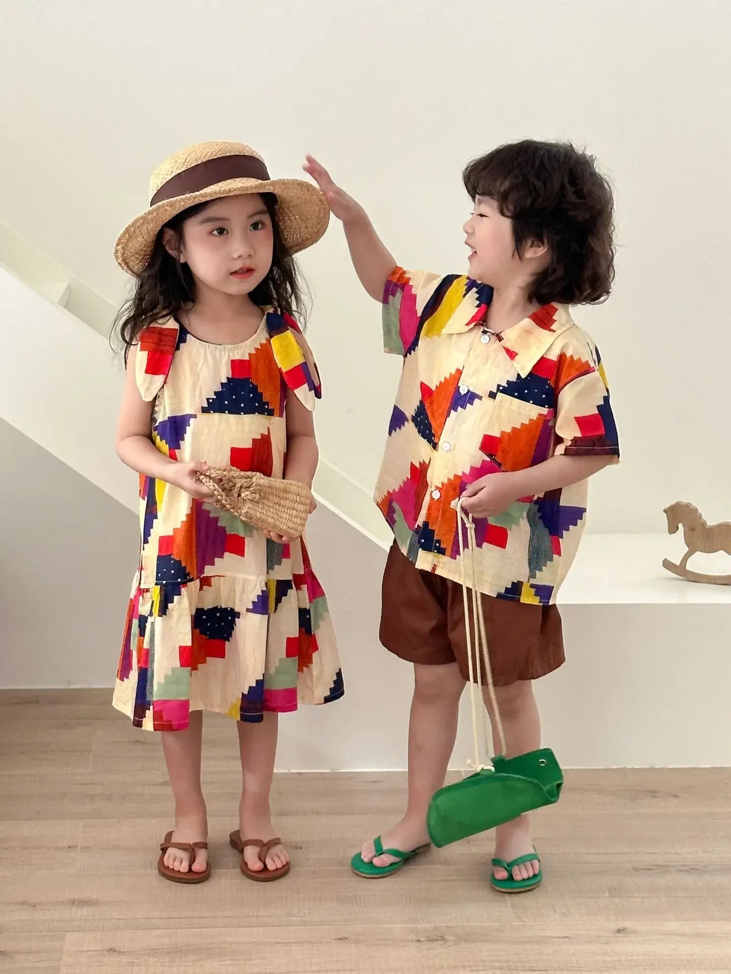 Children's Clothes 2025 Summer New Boy's Shirt Suit Or Baby Girl Dress Holiday Clothes Brother And Sister Clothes
