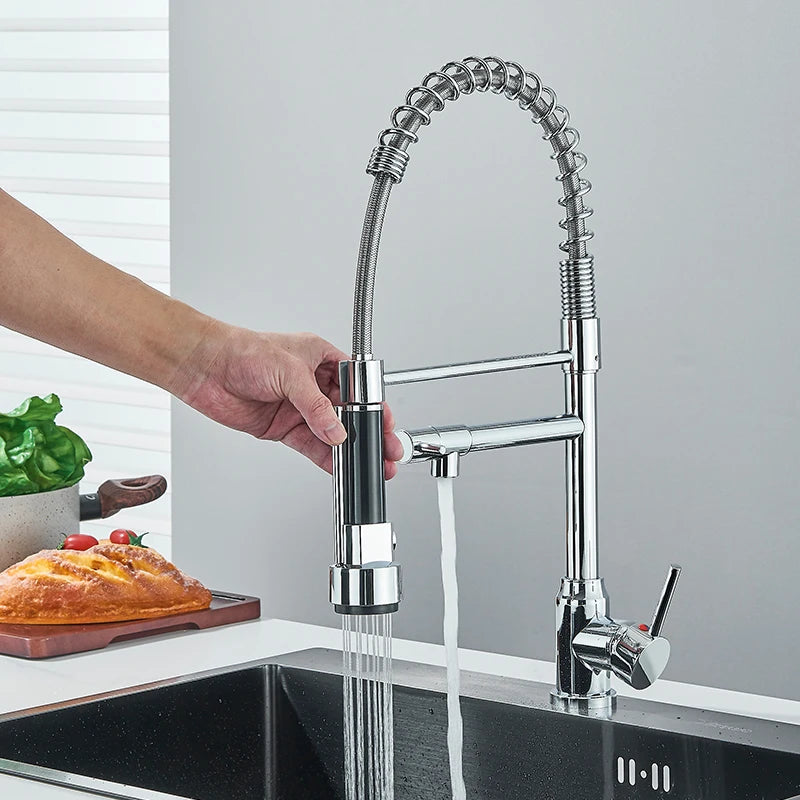 Chrome Spring Pull Down Kitchen Faucet Hot and Cold Water Deck Mounted Tap 360 Rotate Single Hole Single Handle