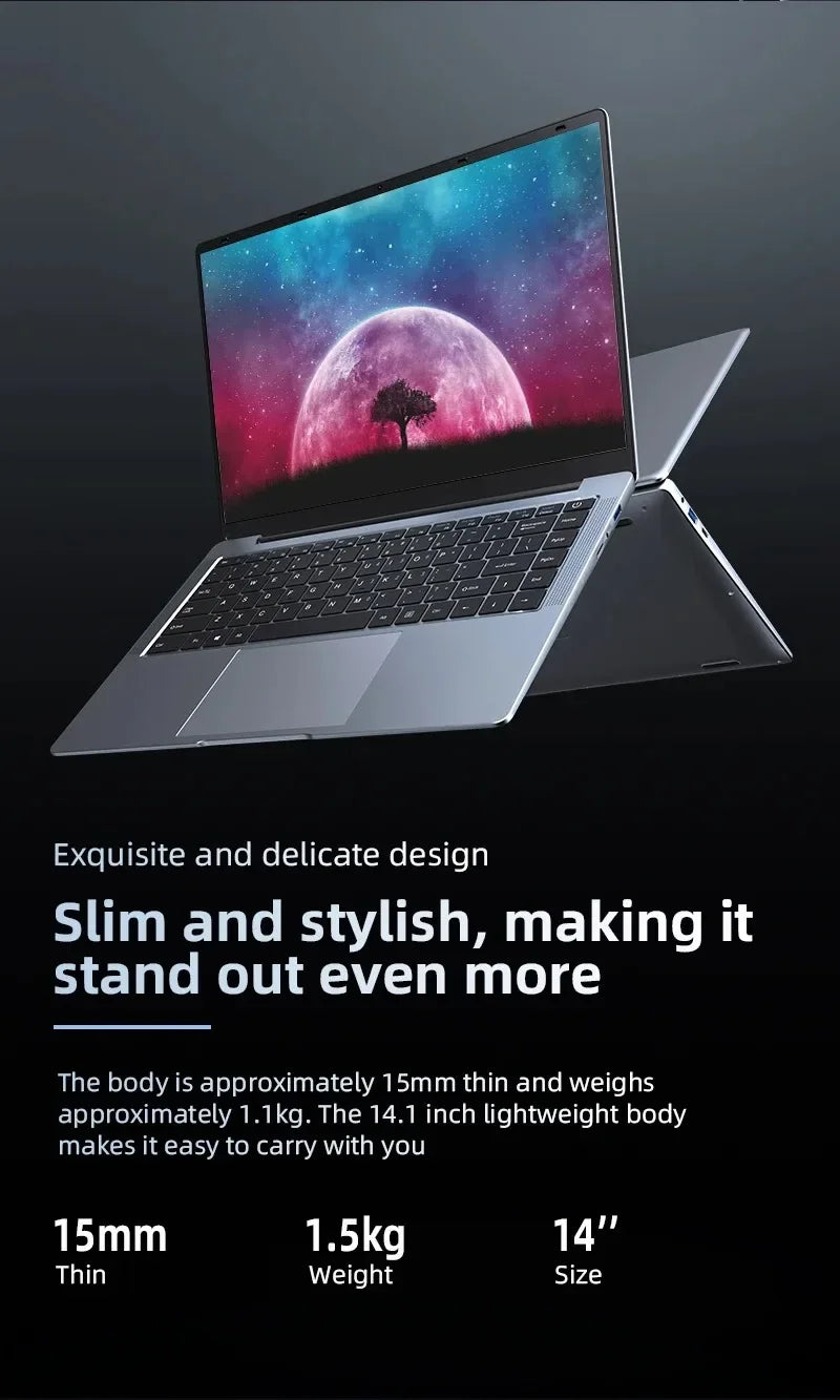 Ultra Slim Laptop 14.1" 16GB RAM 1TB SSD Intel N3700 Notebook Gamer  1920*1080  Display Office Study Computer PC Windows 11 Pro